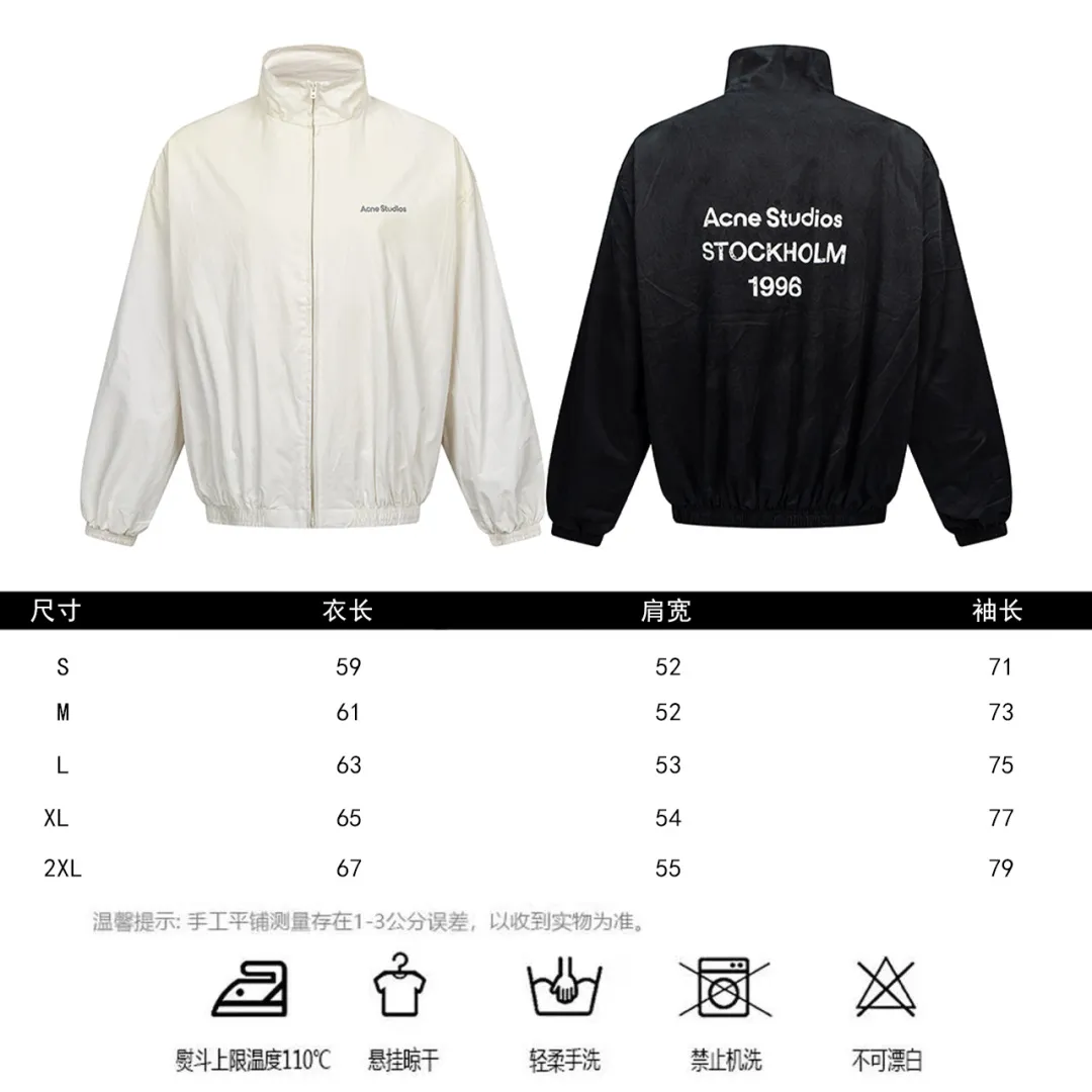 145 Acne Studios letter stand collar windproof jacket Retro loose casual jacket 🌞 Retro sports style stand collar jacket, Swedish brand Classic STOCKHOLM back print 🌞 Loose off-shoulder version, not picky about body shape, same style for men and women, daily layering artifact 🌞 Light woven fabric, mesh lining, Breathable and comfortable, just needed in spring and autumn 🌞 The hem + cuffs are elasticated to lock the fit and prevent wind from entering 🌞 Fully zipper design, easy to put on and take off, small logo on the front and large letters on the back, simple and recognizable 🌞 Available in black/Cream White, basic Versatile style, suitable for commuting and going out. Style number: ST 013# Color: Black White Size: S-2XL